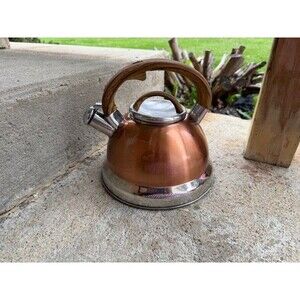 Balduzzi Stainless Steel & Copper Color Tea Kettle Faux Wood Soft Touch Handle